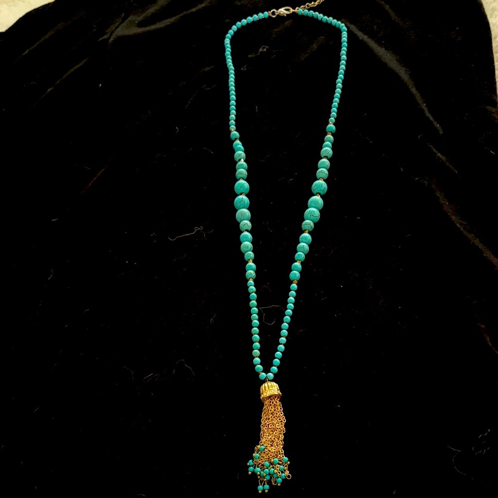 Elegant Boho faux Turquoise Beaded Necklace with Gold Tassel